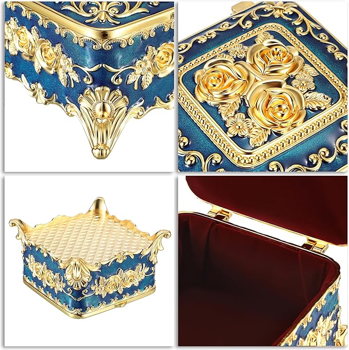 Hipiwe Metal Jewelry Box Decorative Trinket Chest Rectangular Treasure Display Case Keepsake Organizer for Earrings Ring Holder, Blue, 5.1" L x 5.1" W x 3.1" H