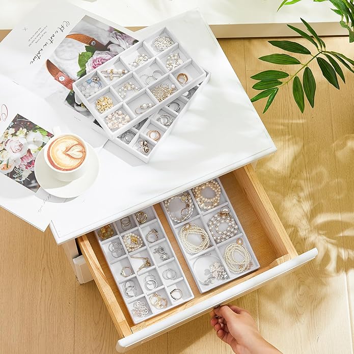 Junkin 12 Pcs Jewelry Tray Velvet Stackable Jewelry Organizer Trays Divided Earring Accessories Storage Containers Box (Rose Red)