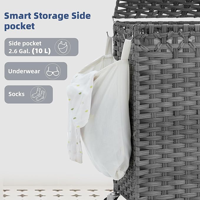 Laundry Hamper with Lid, 160L Rattan Wicker Laundry Basket with Wheels, Handwoven Laundry Hamper 3-Section with Storage shelf(42.3 Gal), Laundry Sorter Basket with Removable Liner, GreyHLH033G