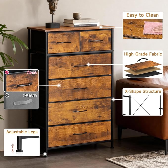 Mifuro Tall Dresser for Bedroom, Vertical Storage Organizer Tower with 6 Drawers, Chest of Drawers with Fabric Bins, Steel Frame, Wood Top for Bedroom, Closet, Entryway- Rustic Brown