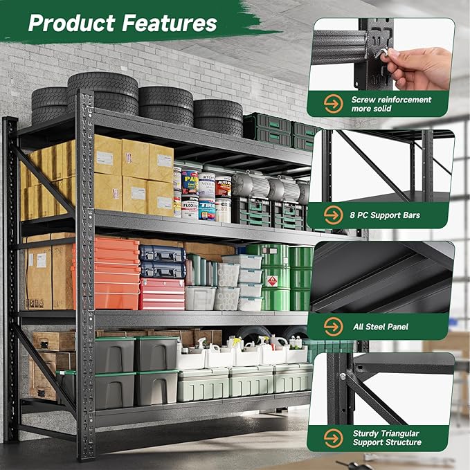 Letaya 8000LBS Storage Shelves Heavy Duty,75" W Garage Shelving Units, 4 Tier Adjustable Utility Rack Shelf,Large Metal Industrial Shelves,for Shop,Warehouse,Basement,Black (75" W x 24" D x 70" H)