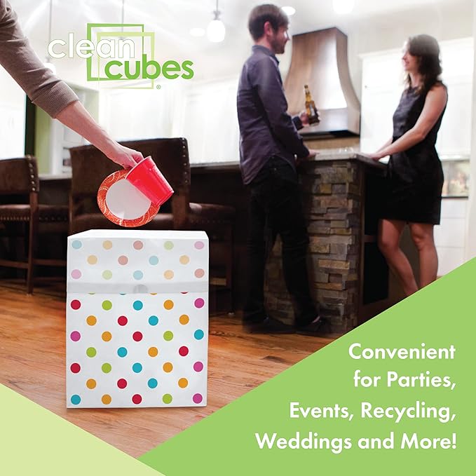 Clean Cubes 13 Gallon Disposable Pop-Up Trash Cans (3-Pack) with Fitted Bags – Foldable Garbage & Recycling Bins for Parties, Events & Kitchen (Polka Dot, 17" H x 13.5" W x 10" D)