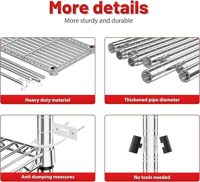 REIBII 73''H Storage Shelves 1660LBS Wire Shelving Unit with Wheels 5 Tier Metal Shelving,Heavy Duty Metal Shelves for Storage Rack,Commercial Industrial for Garage Kitchen 73''HX35''WX15''D,Chrome