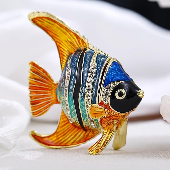 Hand Painted Animal Trinket Box for Home Decor, Hinged Jewelry Organizer Storage, Unique Personalized Collectible Keepsake Figurine Handmade Decorative Ornament Gifts (Angelfish)