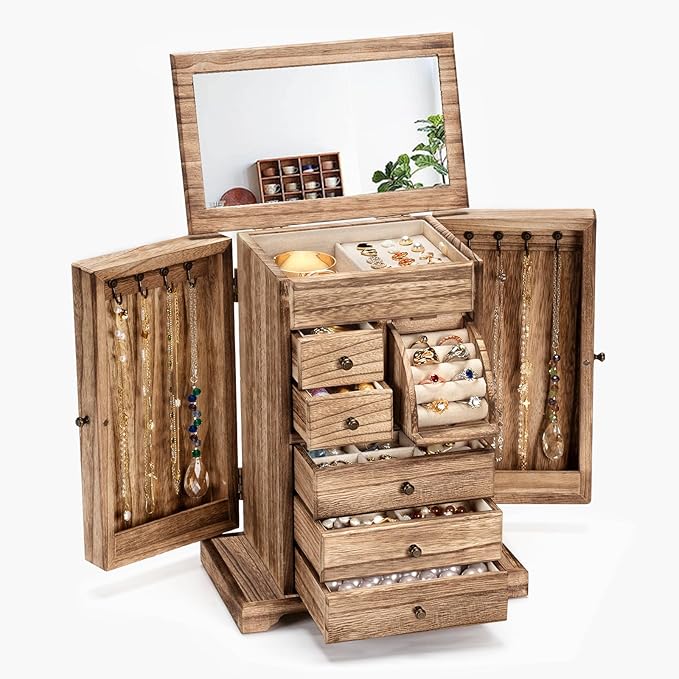 Jewelry Box for Women, Rustic Wooden Jewelry Boxes & Organizers with Mirror & Drawers,6 Layer Jewelry Organizer Box for Rings Earrings Necklaces Bracelets (Carbonized Black)