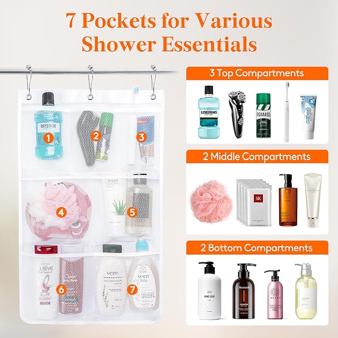 Lifewit Cruise Essentials Shower Caddy Must-Have, 7 Pockets Hanging Bathroom Organizer with Quick-Dry Mesh, Portable Shower Bag to Storage Soap, Shampoo, for RVing, Travel, Camping, White, 1 Pack