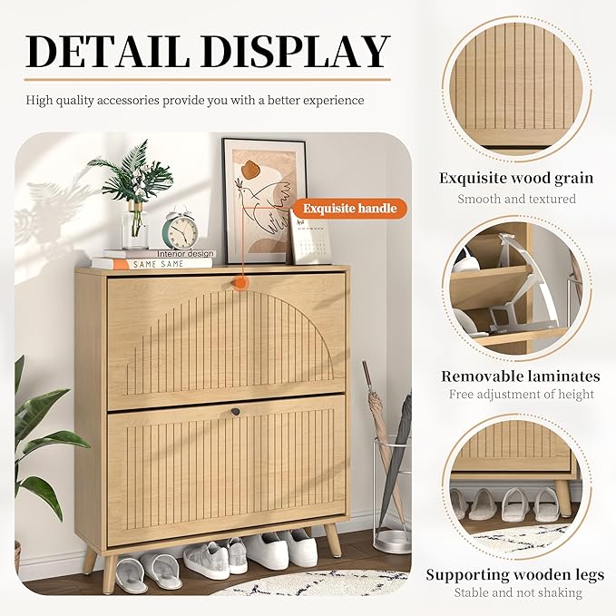 Fsbecl Shoe Storage Cabinet for Entryway with 2 Flip Drawers, Narrow Wood Shoe Cabinet with Fluted Panel, Freestanding Hidden Shoe Organizer for Foyer, Hallway (Wood Color)