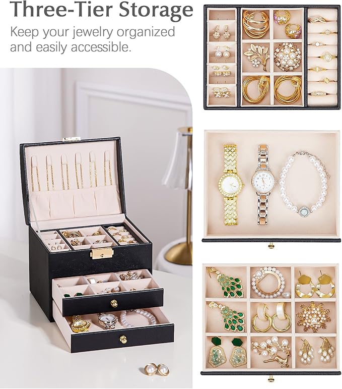 Homde Mothers Day Gifts Small Girls Jewelry Box with Lock: 3 Layer Organizer with Removable Tray - Storage for Ring Necklace Earring - Birthday & Return Gifts for Young Women (Graphite Black)