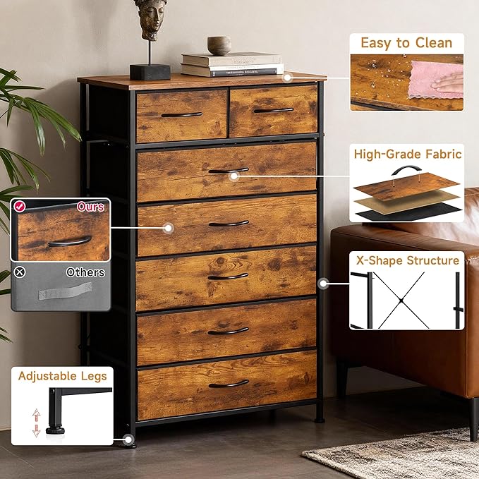 Mifuro Tall Dresser for Bedroom, Vertical Storage Organizer Tower with 7 Drawers, Chest of Drawers with Fabric Bins, Steel Frame, Wood Top for Bedroom, Closet, Entryway- Rustic Brown