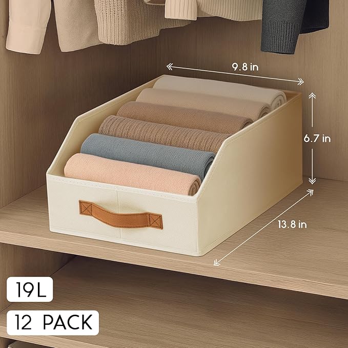 Homsorout Fabric Storage Bins for Organizing - 12 Pack Large Trapezoid Collapsible Storage Bins with Front Handle, Closet Organizers and Storage for Bedroom, Home Shelves, Small Spaces, Beige