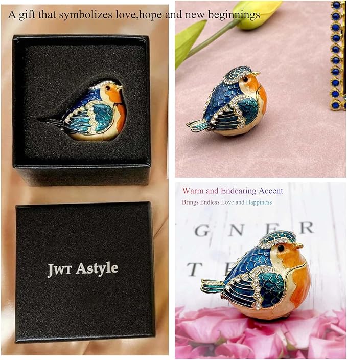 JWT Astyle Robin Bird Hinged Jewelry Box with Stones, Collectible Animal Trinket Box.Rings Earrings Storage Boxes,Bird Figurine Home Decor Gift