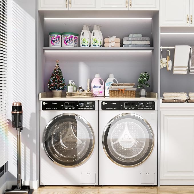 Aheaplus Washer and Dryer Countertop, Laundry Room Organization with Non-Slip Pads, Wood Shelf Topper with Round Corner Edge Rails, Folding Organizer for Laundry, 54" W x 27.5" D, White Oak