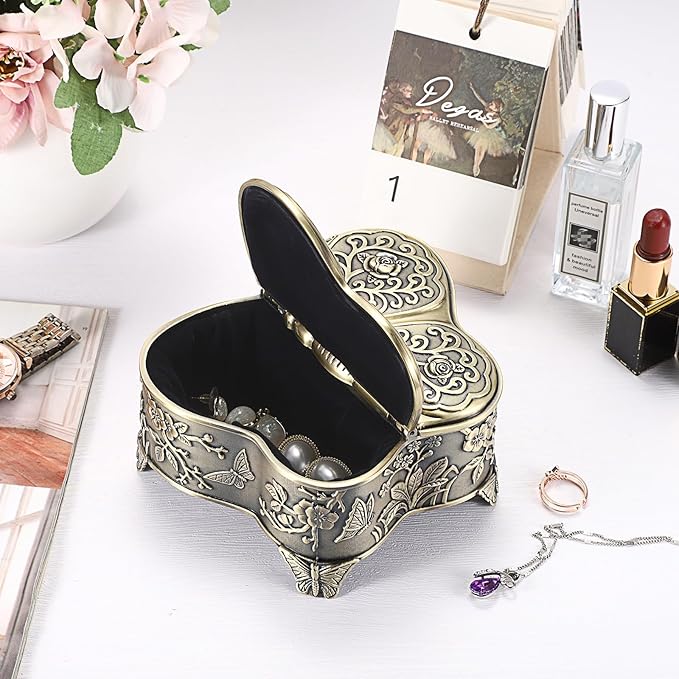 Hipiwe Antique Metal Jewelry Box Butterfly Shape Jewelry Storage Organizer Vintage Trinket Box Treasure Chest for Ring Earrings Necklace Decorative Keepsakes Box, Bronze, Large