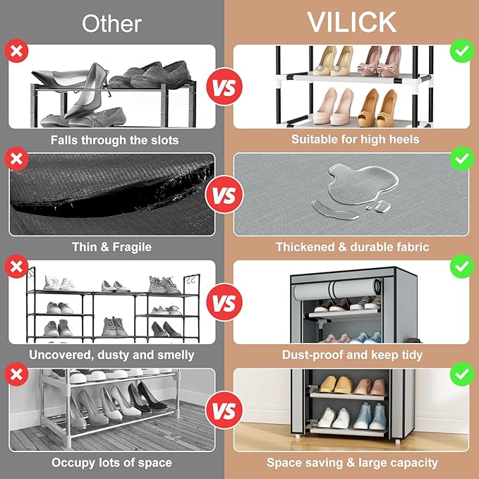 VILICK Shoe Rack with Cover Narrow Shoe Rack Organizer with 4 Side Pockets 10 Tier Tall Shoe Storage Shoe Shelf Holds 18-22 Pairs Shoes and Boots Shoe Rack for Closet, Grey