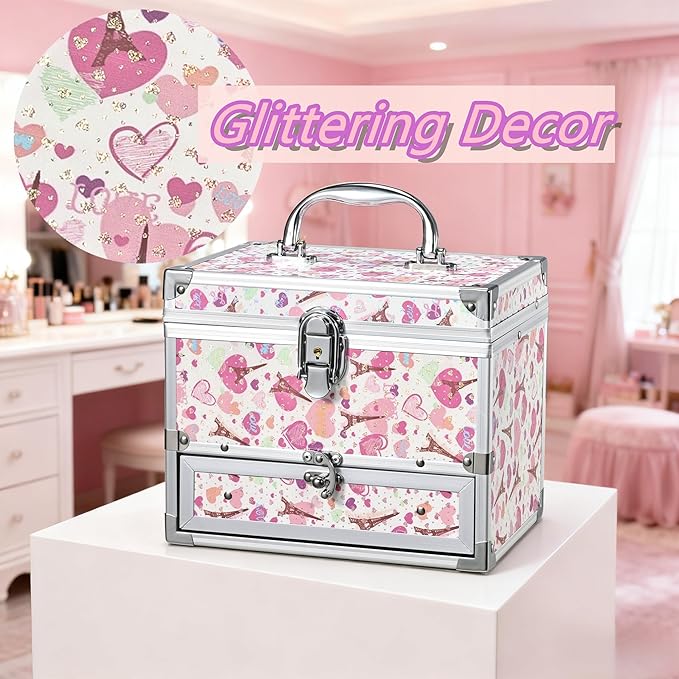 Hododou Girls Jewelry Box Organizer with Drawer & Mirror, Shiny Pink Style Lockable Storage Case for Kid or Little Girls Jewelry and Hair Accessories Pink Tower