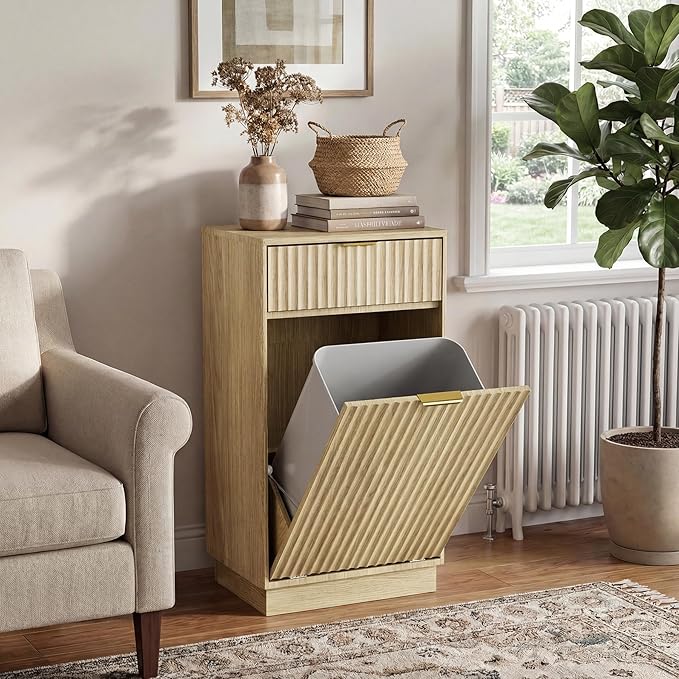 Tilt-Out Trash Cabinet with 10-Gallon Capacity, Walnut Laundry Hamper Cabinet, 34.3 x 19 x 13.8 inches, Wave-Textured Front.