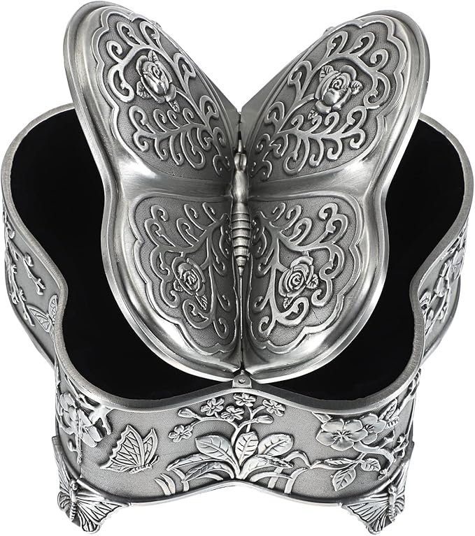 Hipiwe Antique Metal Jewelry Box Butterfly Shape Jewelry Organizer Vintage Trinket Storage Box Treasure Chest Ring Holder Earrings Necklace Storage Box Decorative Metal Box for Women, Large