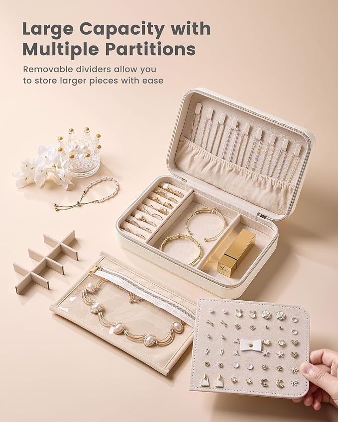 Lolalet Travel Jewelry Case for Women Girls, PU Leather Jewelry Organizer with Clear Storage Bag Small Portable Jewelry Box for Necklace Bracelet Earring Ring Mothers Day Birthday Gifts -Large/Beige