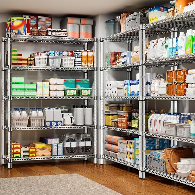 REIBII 5 Tier Metal Shelving Storage Shelves, 71''H Adjustable Wire Shelves Garage Shelving Unit for Kitchen, Pantry, Laundry Room, Warehouse, Office, 71H X 35.5W X 14D, Chrome