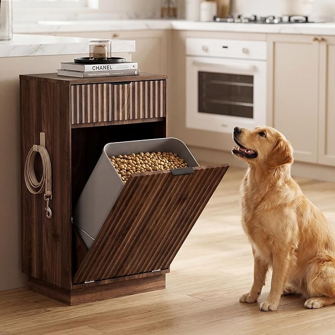 Tilt-Out Trash Cabinet with 10-Gallon Capacity, Walnut Laundry Hamper Cabinet, 34.3 x 19 x 13.8 inches, Wave-Textured Front.