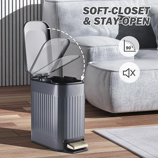 SYNCVIBE Slim Bathroom Trash Can with Lid Soft Close, Stainless Steel Garbage Can Step Trash Bin with Removable Inner Bucket for Bedroom, Office, Kitchen (Matt Grey, 1.8 Gallons)