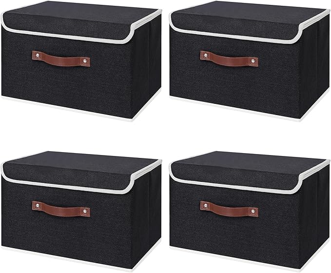 ANMINY 4PCS Storage Bin with Lid Storage Boxes with PU Leather Handles PP Plastic Board Decorative Foldable Lidded Cotton Linen Fabric Home Cubes Baskets Closet Organizer Container - Black, Medium