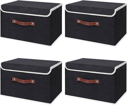 ANMINY 4PCS Storage Bin with Lid Storage Boxes with PU Leather Handles PP Plastic Board Decorative Foldable Lidded Cotton Linen Fabric Home Cubes Baskets Closet Organizer Container - Black, Medium