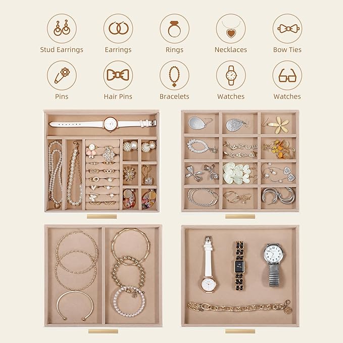 Somduy Jewelry Box Organizer for Women,4 Layers Jewelry Storage Display Box with Glass Lid,Gift for Christmas,3 Drawers,Large Capacity for Necklace Earrings Bracelets Rings,White