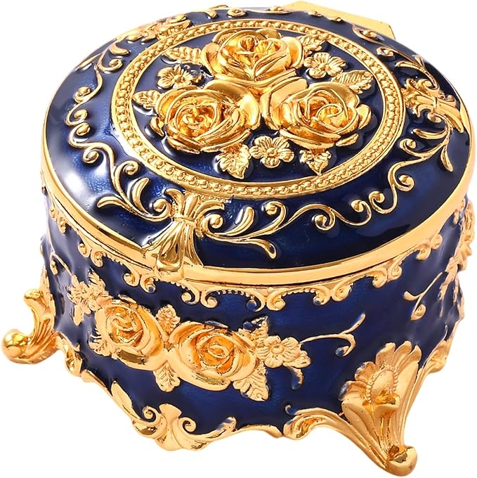 Vintage Jewelry Box, Gold Round Treasure Ring Box, Metal Trinket Organizer Keepsake Box Gift for Girl Women, Deep Blue