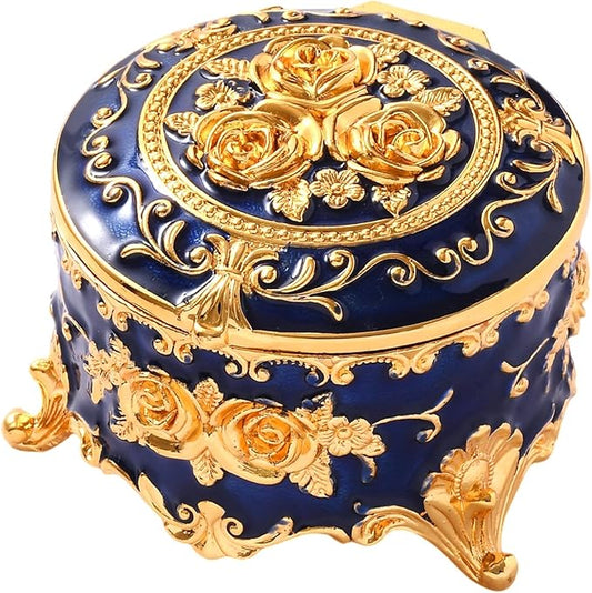 Vintage Jewelry Box, Gold Round Treasure Ring Box, Metal Trinket Organizer Keepsake Box Gift for Girl Women, Deep Blue