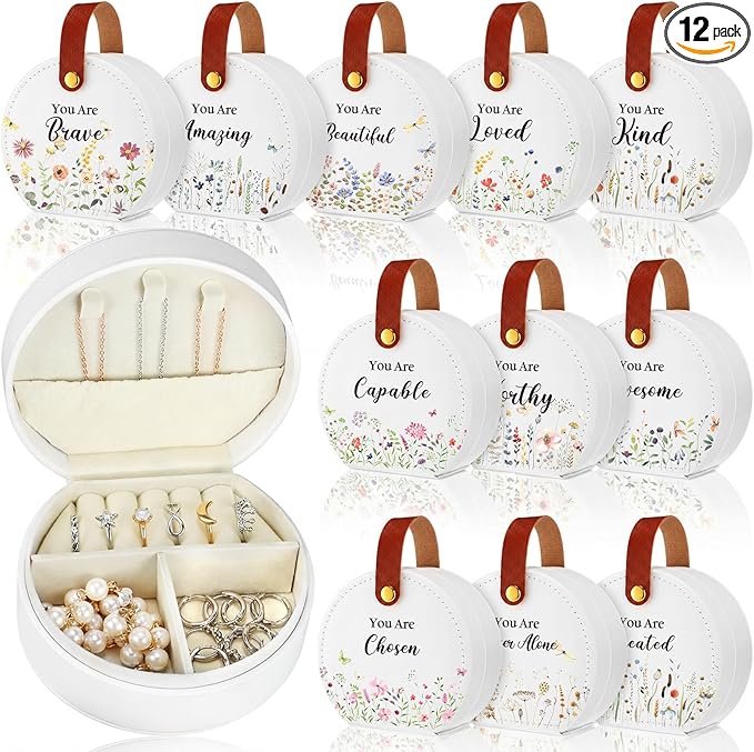 Kacctyen 12 Pieces Travel Wildflower Jewelry Case Bulk Mothers Day Church Gifts Mini Leather Bridesmaid Jewelry Gift Box Wildflower You Are Amazing Loved Party Favor for Secretary Leather Travel Case