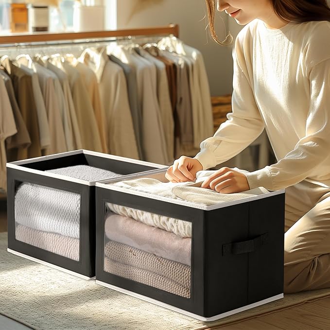 Homsorout Large Storage Baskets with Lids - Stackable Cube Bins for Closet, 6 Pack Black Windows Organizer Bins, Home Organizers and Storage for Clothes, CD, Towels
