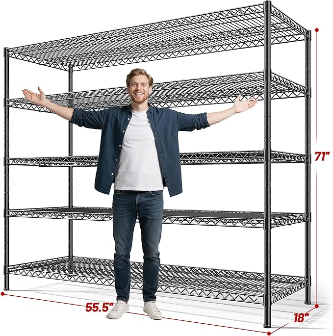 REIBII 55.5" W Storage Shelves 3200LBS Wire Shelving Unit 5 Tier Metal Shelving Heavy Duty Garage Shelving Metal Shelves for Storage Rack Adjustable Pantry Shelf, 55.5" W X 18''D X 71" H, 3PCS