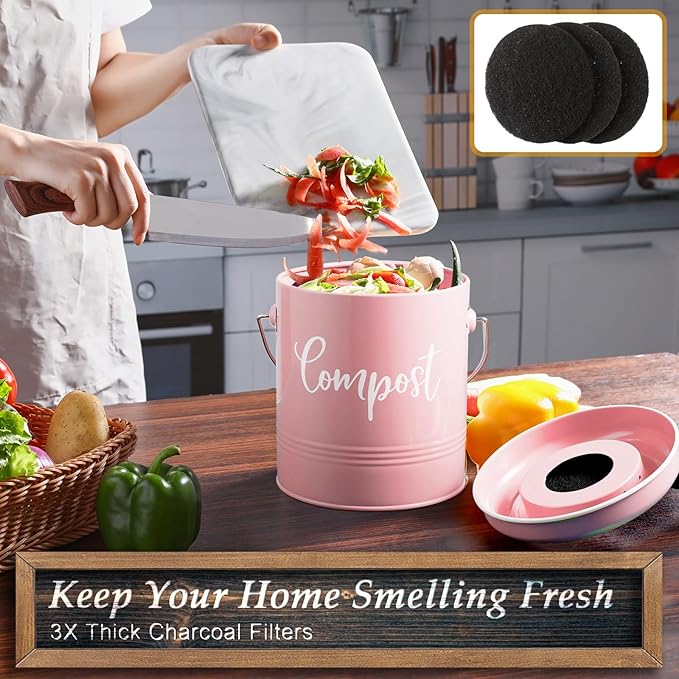DAYYET Compost Bin Kitchen, 1.3 Gallon Farmhouse Kitchen Compost Bin Countertop, Indoor Countertop Compost Bucket with Lid and Charcoal Filters, Pink