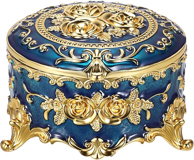 Hipiwe Vintage Jewelry Box Metal Keepsake Box Round Treasure Storage Case for Ring Earrings Necklace Holder Wedding Birthday Gift for Woman, Blue, 5.7" L x 5.1" W x 3.5" H