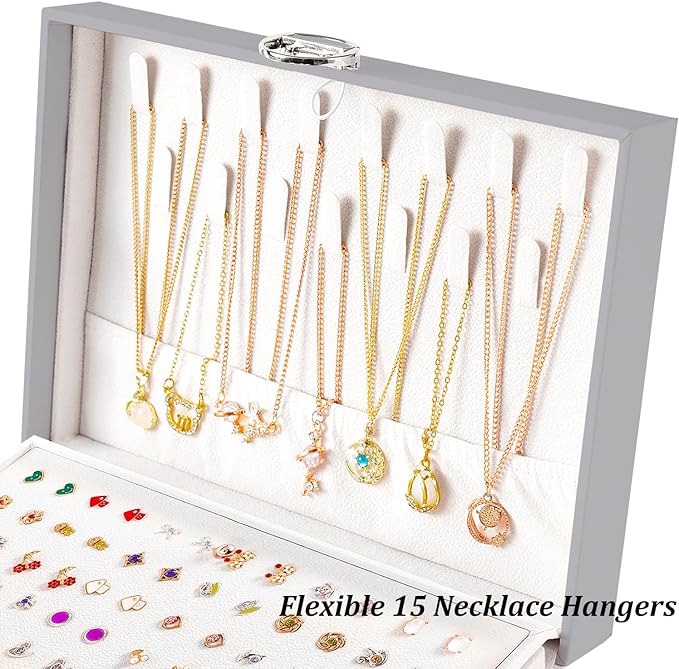 QBestry Earring Jewelry Box for Women Girls Stud Organizers, 5 Layers Grey Jewelry Organizer Box with Lock Necklaces and Earrings Holder Jewelry Box with Earring Organizer for Women Girls Xmas Gifts