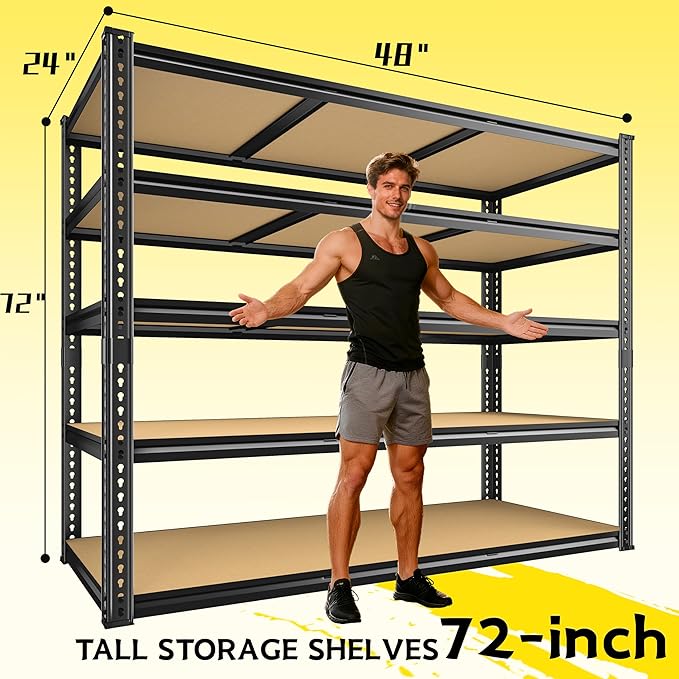 48" W Garage Shelving Heavy Duty 3080LBS Garage Storage Shelving, 5 Tier Adjustable Metal Shelving Unit Utility Rack Shelf for Warehouse, Pantry, Closet, Kitchen 72" H x 48" W x 24" D, Black,Gifts