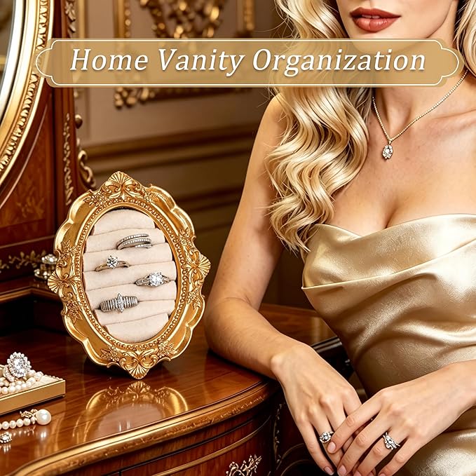 Vintage Ring Holder Rectangle Gold Velvet Display Stand - Baroque Jewelry Organizer Box Tray for Wedding Engagement Anniversary Women Birthday Christmas Gift Photograph Prop (MPF05-White)