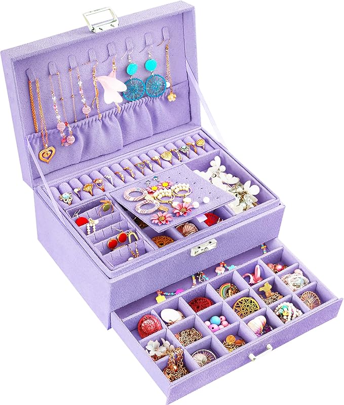 QBestry 3-Layer Jewelry Box for Girls & Teens with Lock and Key, Large Jewelry Organizer with 8 Necklace Hooks & 56 Earring Holes, Violet Velvet Jewelry Storage Box for Necklace Earring Ring Bracelet