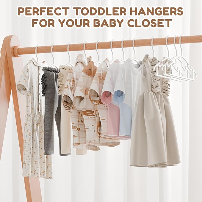 VILICK Kids Plastic Hangers, Baby Clothes Hangers for Closet 100 Packs Non-Slip Toddler Hangers for Infant Child Clothing, Small Children, for Pants Coats Skirts (White)