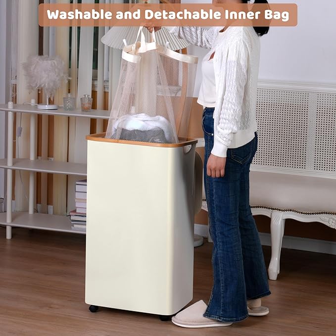 Laundry Basket with Wheels, 110L Beige Clothes Hamper for Laundry, Laundry Hamper with Lid and Inner Bag, Beige
