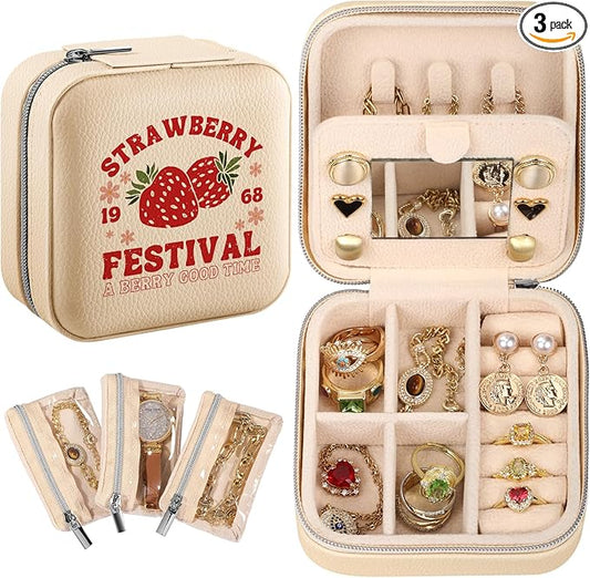 Bistup Travel Jewelry Case - Small Jewelry Organizers and Storage Box for Women Girls Teens Cute Traveling Jewelry Holder with Mirror Little Tiny Compact Strawberry Modern Unique Aesthetic Pretty