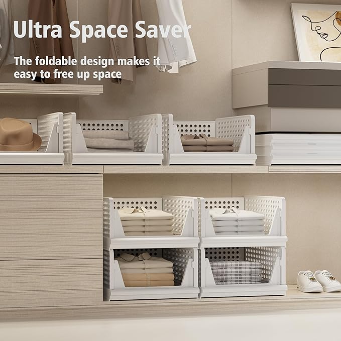 Proarea 5 Pack Stackable Storage Bins, Closet Organizers and Storage, Foldable Closet Organizer Baskets for Clothes, Plastic Drawer Bins for Closet Organization, Wardrobe Shelf, Laundry Room, White