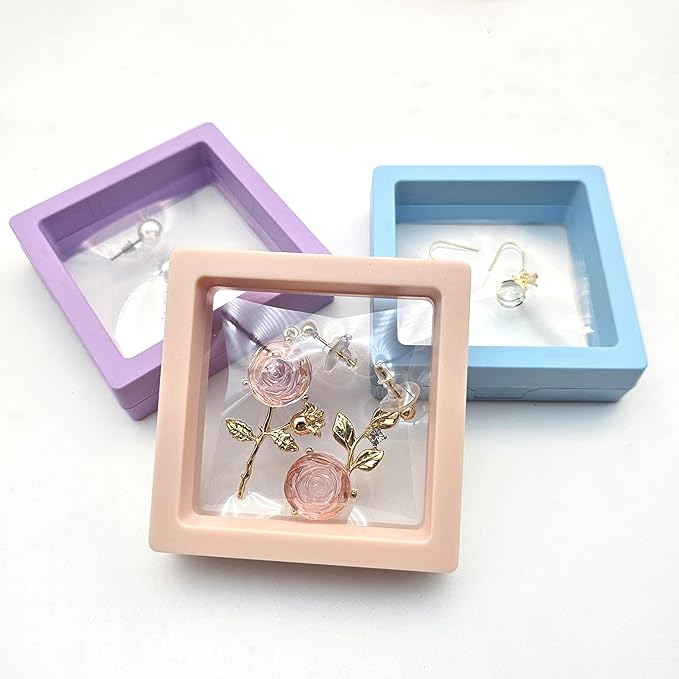 12PCS 3D Floating Frame Display Stand, Jewelry Box, Gift Box, Ornament Organizer, Small Travel Jewelry Box, PE Film Anti-Oxidation, Suspended Display Box Stackable (Multicolour, 2.75 * 2.75)