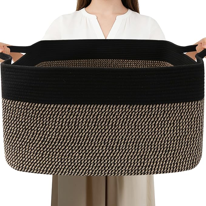 96L Large Blanket Basket,24"x16"x15"Rectangle Storage Bin with Handles,Woven Rope Laundry Basket for Toys, Clothes,Magazines,Home Organization,Nursery,Living Room & Bedroom,Black&Jute