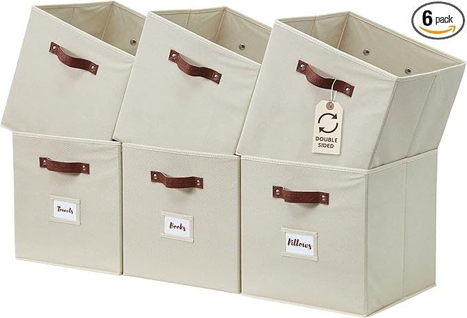 DECOMOMO Storage Cubes, 13x13x13 Storage Cube Bins with Labels, Fabric Organizer Bins (13" / 6pcs, Beige)