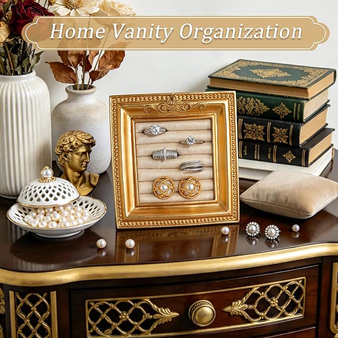 Vintage Ring Holder Rectangle Gold Velvet Display Stand - Baroque Jewelry Organizer Box Tray for Wedding Engagement Anniversary Women Birthday Christmas Gift Photograph Prop (MPF05-Gold Beige)