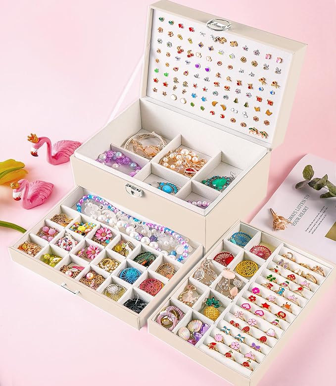 QBestry Earrings Jewelry Box for Girls, 5 Layers Jewelry Organizer with Earring Holder Organizer for Girls Earring Organizer Jewelry Boxes for Women Earrings and Necklaces Jewelry Box Organizer Beige