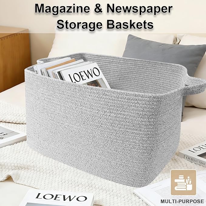 96L Large Blanket Basket,24"x16"x15"Rectangle Storage Bin with Handles,Woven Rope Laundry Basket for Toys, Clothes,Magazines,Home Organization,Nursery,Living Room & Bedroom,Grey