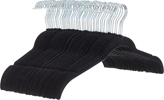 Amazon Basics Space-Saving Slim Velvet Non-Slip Clothes Hangers for Closet Organization, Sturdy with Shoulder Notches, Black, 50-Pack